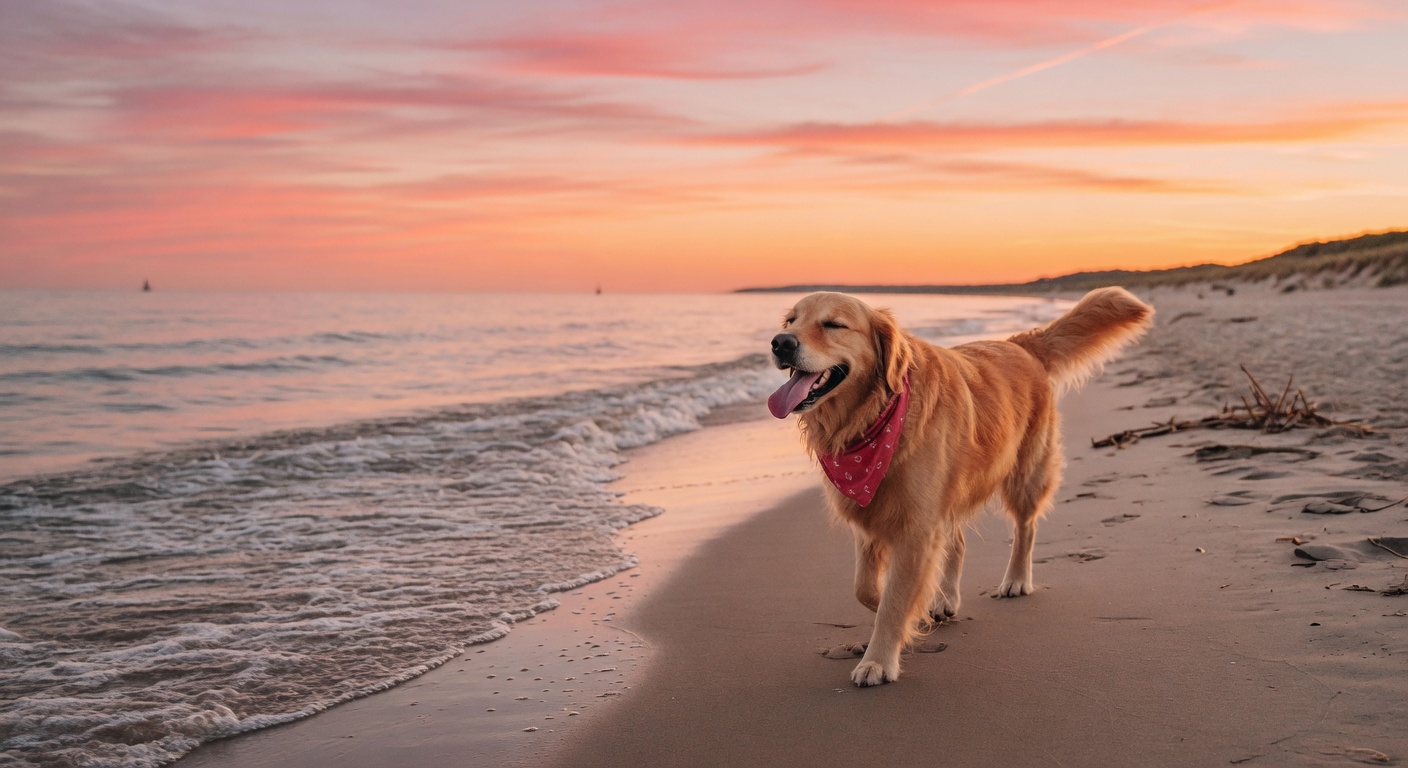 A happy golden retriever walking along a Michigan beach at sunset with warm golden hour lighting, gentle waves, and a soft orange and pink sky
